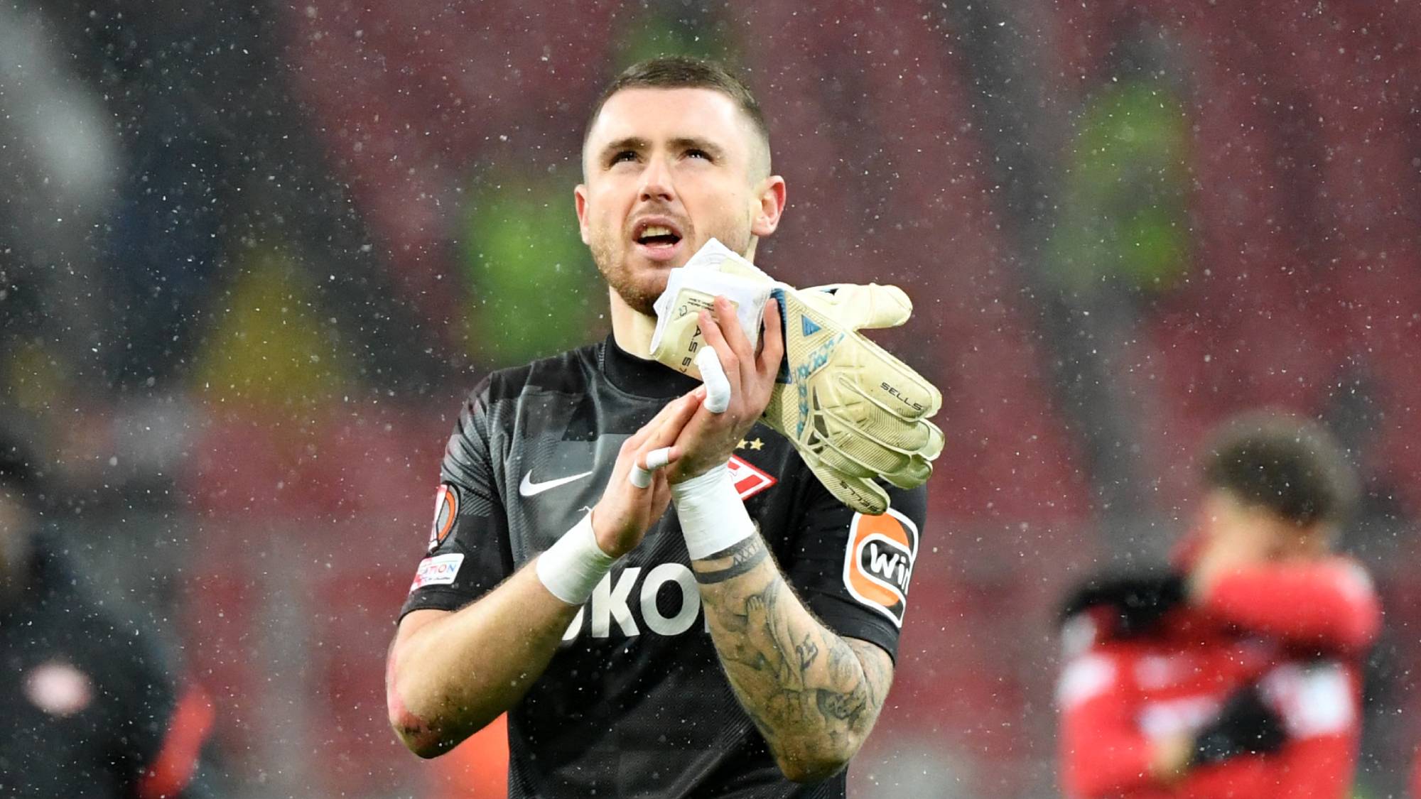 Spartak Moscow's Russian goalkeeper Aleksandr Selikhov celebrates after the UEFA Europa League football match between Spartak Moscow and Napoli at Moscow's Spartak Stadium on November 24, 2021.