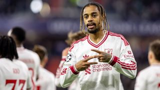 Liverpool's French midfielder #29 Bradley Barcola celebrates scoring the 0-2 goal with his teammates during the UEFA Champions League football match between LASK and Liverpool FC in Linz, Austria on October 14, 2026.