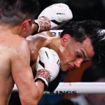 LAS VEGAS, NEVADA - JULY 19: Brandon Figueroa (in black short) and Joet Gonzalez (in gray short) exchange punches during their WBC featherweight title eliminator of the Premiere Boxing Championship on Saturday night at MGM Grand Garden Arena in Las Vegas, Nevada, United States on July 19, 2025. Tayfun Coskun / Anadolu
