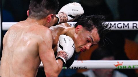 LAS VEGAS, NEVADA - JULY 19: Brandon Figueroa (in black short) and Joet Gonzalez (in gray short) exchange punches during their WBC featherweight title eliminator of the Premiere Boxing Championship on Saturday night at MGM Grand Garden Arena in Las Vegas, Nevada, United States on July 19, 2025. Tayfun Coskun / Anadolu