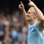 Manchester City's Norwegian striker #09 Erling Haaland celebrates scoring their fifth goal during the English Premier League football match between Manchester City and Sunderland at the Etihad Stadium in Manchester, north west England, on September 20, 2026.
