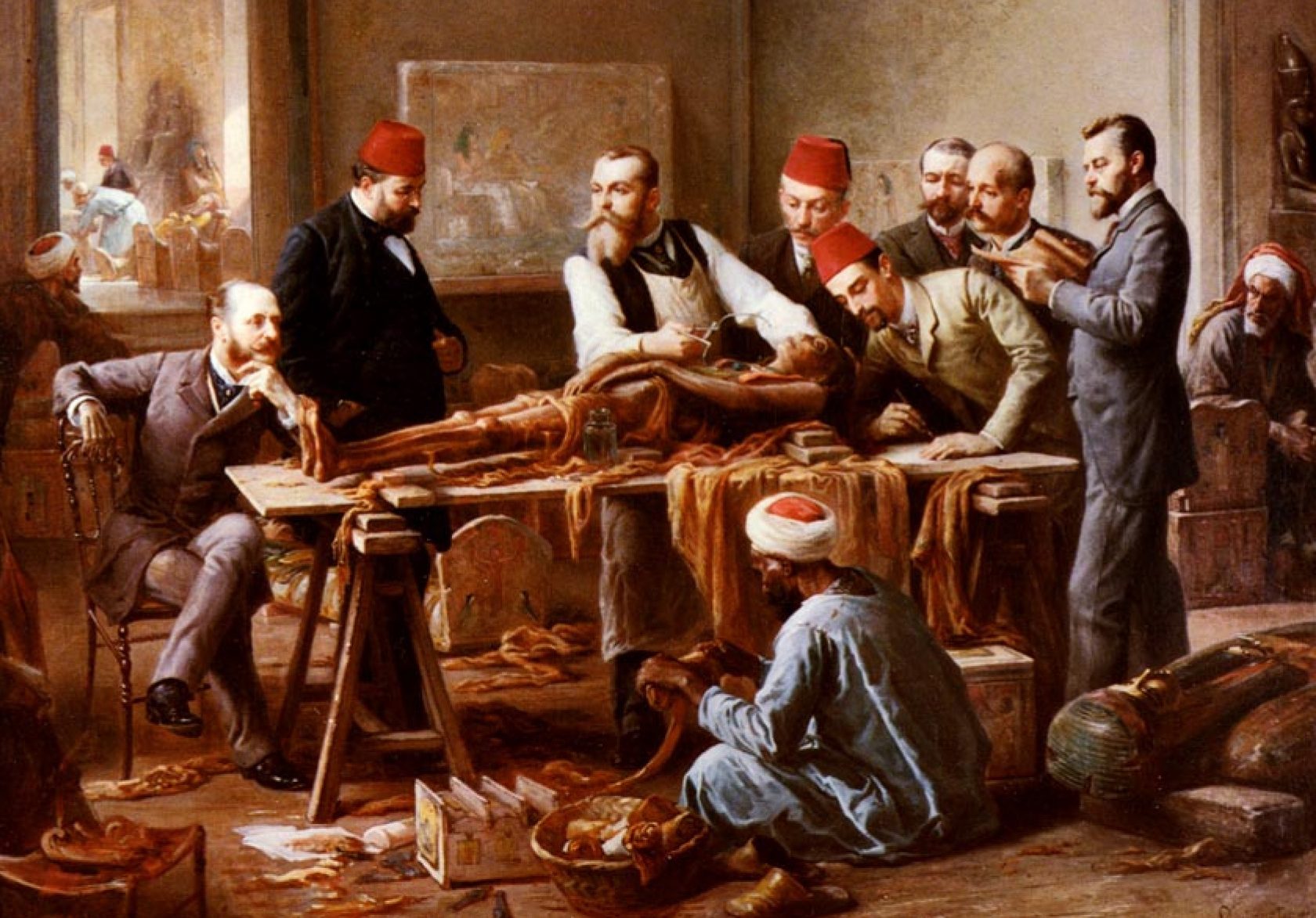 Festmény az 1890-es évekből, ahogy egy csapat férfi egy múmiát csomagol ki.