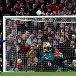 Chelsea's French defender #03 Wesley Fofana fails to score from the penalty spot during the English League Cup fourth round football match between Liverpool and Chelsea at Anfield in Liverpool, north west England on October 28, 2026.