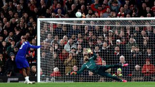 Chelsea's French defender #03 Wesley Fofana fails to score from the penalty spot during the English League Cup fourth round football match between Liverpool and Chelsea at Anfield in Liverpool, north west England on October 28, 2026.