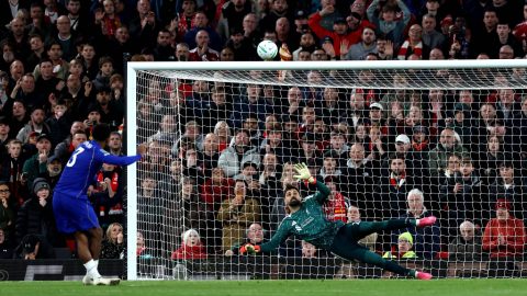 Chelsea's French defender #03 Wesley Fofana fails to score from the penalty spot during the English League Cup fourth round football match between Liverpool and Chelsea at Anfield in Liverpool, north west England on October 28, 2026.