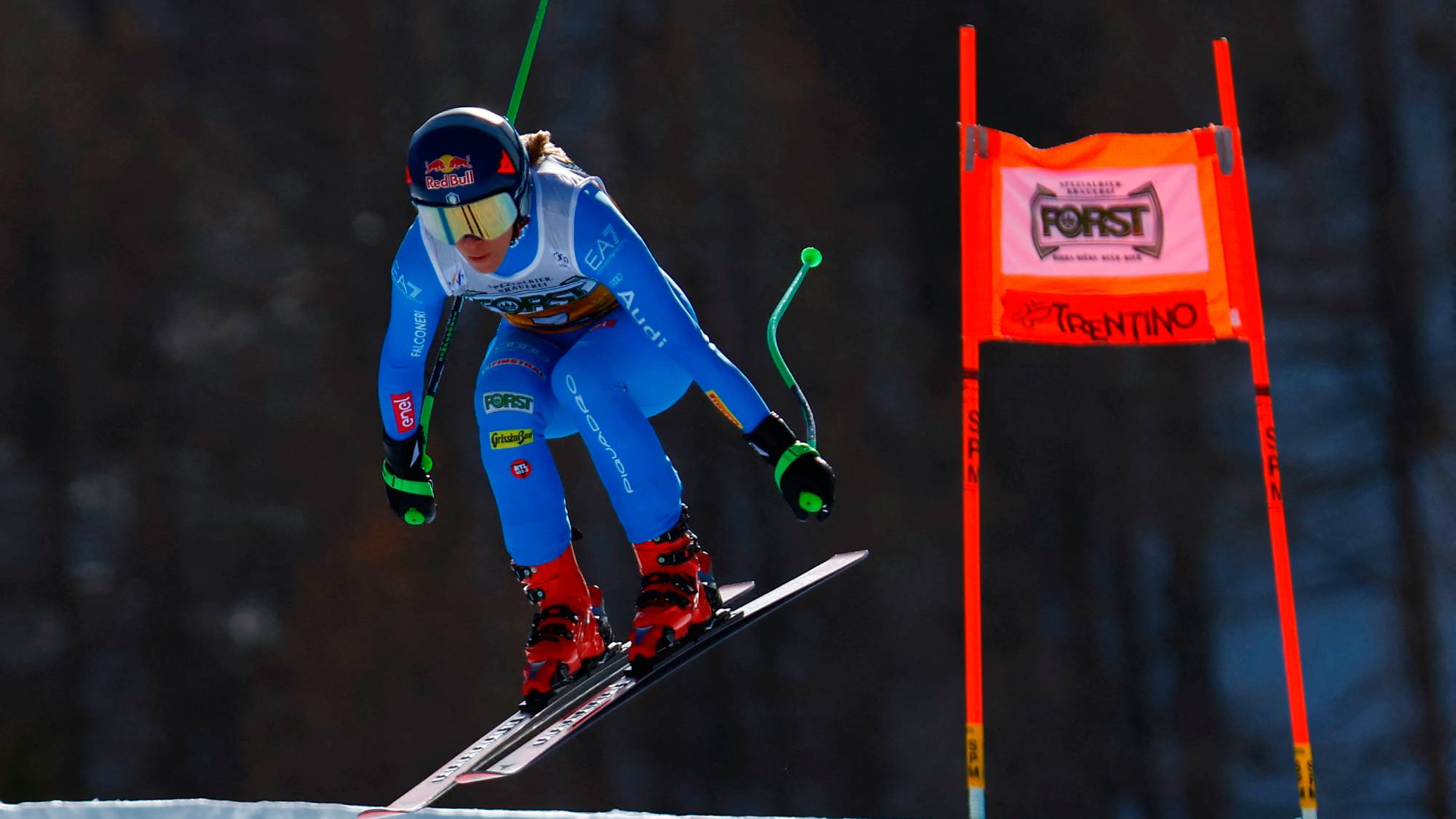 Sofia Goggia (ITA) uses Atomic skis during the AUDI FIS Ski World Cup 2025/26 in Val di Fassa, Italy, on March 6, 2026, for the Women's Downhill at La VolatA Slope, Passo San Pellegrino. (Photo by Mattia Radoni/NurPhoto) Mattia Radoni / NurPhoto / NurPhoto via AFP