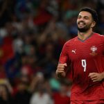 Portugal's forward #09 Goncalo Ramos celebrates scoring his team's second goal during the UEFA Nations League Group 4 football match between Portugal and Norway at Dragao stadium in Porto on October 3, 2026