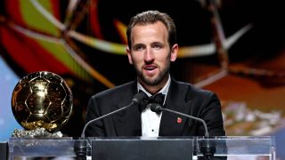 LONDON, ENGLAND - OCTOBER 26: Harry Kane of FC Bayern Munich and England speaks to the media on stage after winning the Men's Ballon d'Or award during the 70th Ballon D'Or Ceremony at Palladium Theatre on October 26, 2026 in London, England. (Photo by Jeff Spicer - UEFA/UEFA via Getty Images)