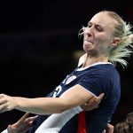 Norway's right back #25 Henny Reistad prepares to shoot during the women's Gold Medal handball match between Norway and France of the Paris 2024 Olympic Games, at the Pierre-Mauroy stadium in Villeneuve-d'Ascq, northern France, on August 10, 2024.