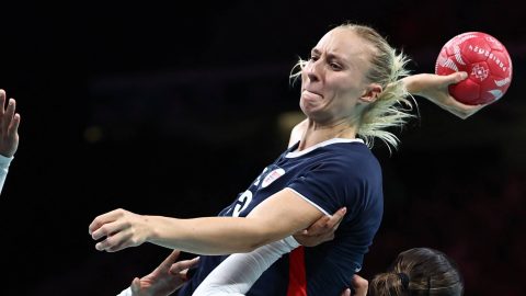 Norway's right back #25 Henny Reistad prepares to shoot during the women's Gold Medal handball match between Norway and France of the Paris 2024 Olympic Games, at the Pierre-Mauroy stadium in Villeneuve-d'Ascq, northern France, on August 10, 2024.