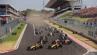 Formula 1 drivers Lando Norris of McLaren F1 Team, Oscar Piastri of McLaren F1 Team, Charles Leclerc of Scuderia Ferrari, Lewis Hamilton of Scuderia Ferrari, and Max Verstappen of Red Bull Racing are pictured at the start of the race during the Formula 1 AWS Hungarian Grand Prix at the Hungaroring Circuit in Budapest, Hungary. (Photo by Gongora/NurPhoto)