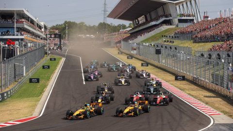 Formula 1 drivers Lando Norris of McLaren F1 Team, Oscar Piastri of McLaren F1 Team, Charles Leclerc of Scuderia Ferrari, Lewis Hamilton of Scuderia Ferrari, and Max Verstappen of Red Bull Racing are pictured at the start of the race during the Formula 1 AWS Hungarian Grand Prix at the Hungaroring Circuit in Budapest, Hungary. (Photo by Gongora/NurPhoto)