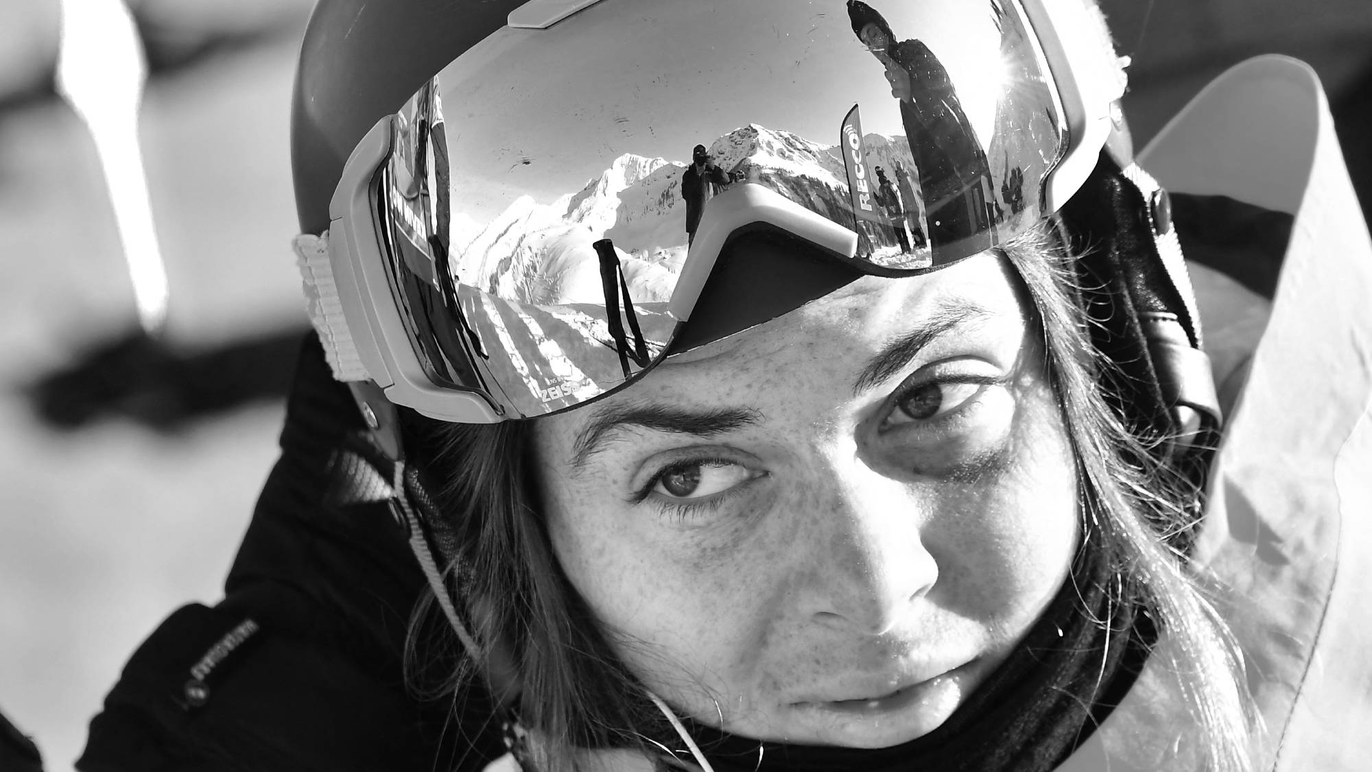 Juliette Willmann of France checks the face of Wildseeloder mountain during the Freeride World Tour on March 8, 2020 at Fieberbrunn ski Resort in Austria.