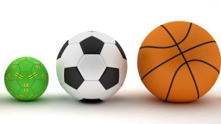 American football, volleyball, handball, soccer ball, basketball, golf ball and tennis ball. 3d render.