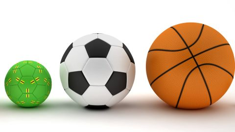 American football, volleyball, handball, soccer ball, basketball, golf ball and tennis ball. 3d render.