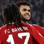 dpatop - 17 October 2026, Bavaria, Munich: Soccer, Men: Bundesliga, FC Bayern Munich vs. RB Leipzig, Matchday 6, Allianz Arena; Michael Olise (front, Bayern Munich) celebrates his goal to make it 3-0 with Luis Díaz (Bayern Munich). Photo: Karl-Josef Hildenbrand/dpa - IMPORTANT NOTICE: In accordance with the regulations of the Bundesliga and the DFB (German Football Association), it is prohibited to use or allow the use of photographs taken in the stadium and/or during the game in the form of sequential images and/or video-like photo series.