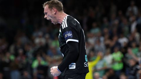 BERLIN, GERMANY - OCTOBER 08: Mathias Gidsel of Füchse Berlin celebrate during the EHF Handball Champions League 2026/27 match between Füchse Berlin and FC Porto at Max-Schmeling-Halle on October 08, 2026 in Berlin, Germany. (Photo by Maja Hitij/Getty Images)