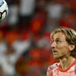 Croatia's midfielder #10 Luka Modric eyes the ball during warm-up before the start of the UEFA Nations League league phase group A3 football match between Spain and Croatia at Ramon Sanchez Pizjuan Stadium in Seville on September 29, 2026.