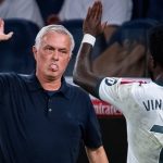 Jose Mourinho, head coach of Real Madrid CF, greets Vinicius Junior of Real Madrid CF, who has just been substituted, during the LaLiga EA Sports football match between Real Madrid CF and Rayo Vallecano de Madrid at Estadio Bernabeu in Madrid, Spain, on September 12, 2026. (Photo by Alberto Gardin/NurPhoto)