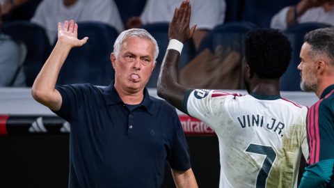Jose Mourinho, head coach of Real Madrid CF, greets Vinicius Junior of Real Madrid CF, who has just been substituted, during the LaLiga EA Sports football match between Real Madrid CF and Rayo Vallecano de Madrid at Estadio Bernabeu in Madrid, Spain, on September 12, 2026. (Photo by Alberto Gardin/NurPhoto)