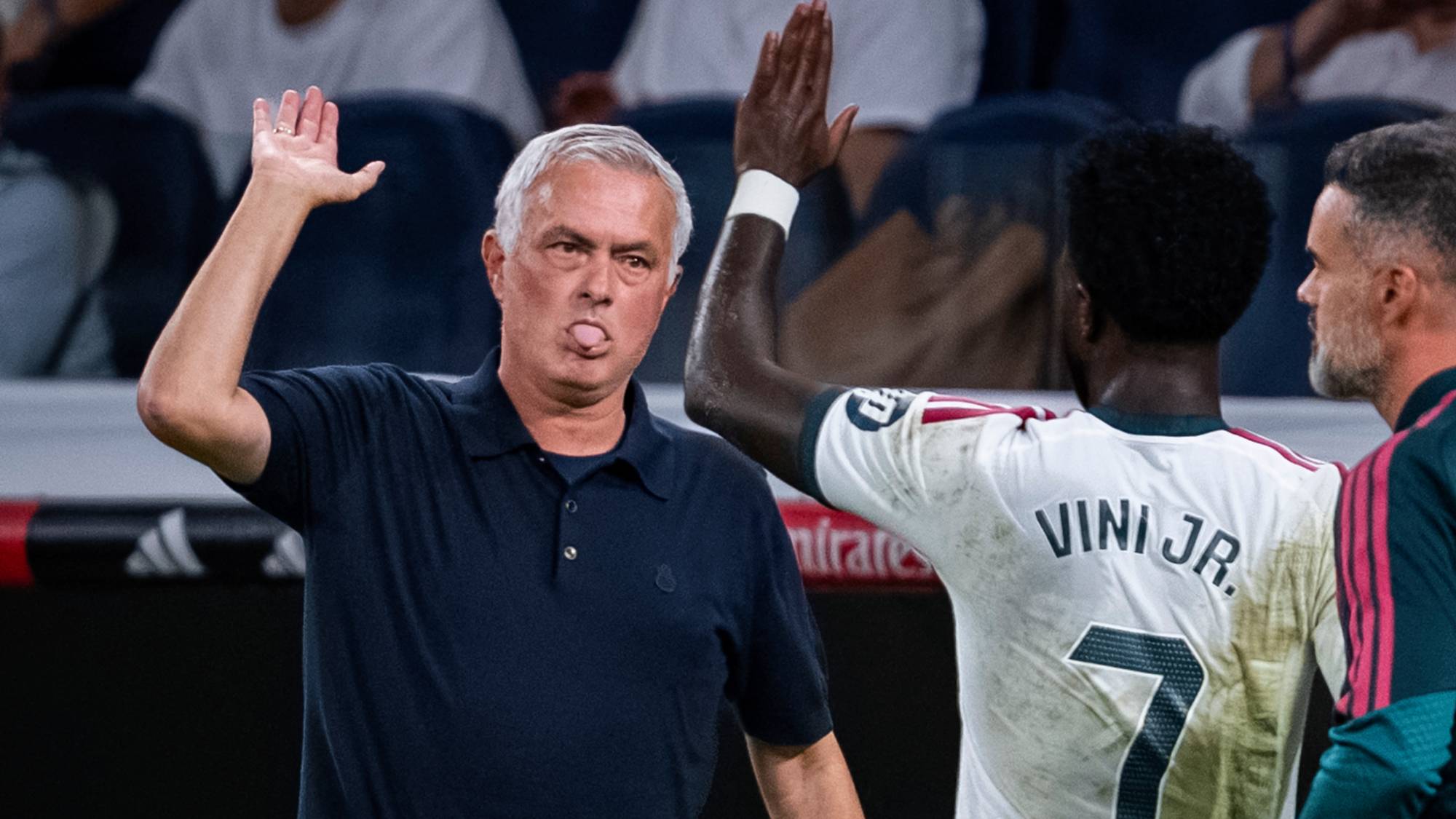 Jose Mourinho, head coach of Real Madrid CF, greets Vinicius Junior of Real Madrid CF, who has just been substituted, during the LaLiga EA Sports football match between Real Madrid CF and Rayo Vallecano de Madrid at Estadio Bernabeu in Madrid, Spain, on September 12, 2026. (Photo by Alberto Gardin/NurPhoto)