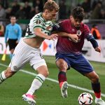 Ferencvaros' Hungarian defender #54 Oliver Nagy (L) and SCU Torreense's Israeli forward Karem Zoabi vie for the ball during the UEFA Europa League football match between Ferencvaros and SCU Torreense in Budapest, on October 22, 2026.