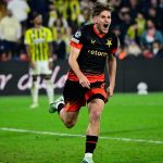 Slavia Prague's Czech forward #32 Pavel Kacor celebrates after scoring his team second goal during the UEFA Champions League first round day 3 football match between Fenerbahce and Slavia Prague at the Fenerbahce Sukru Saracoglu Spor Kompleksi stadium in Istanbul on October 20, 2026.