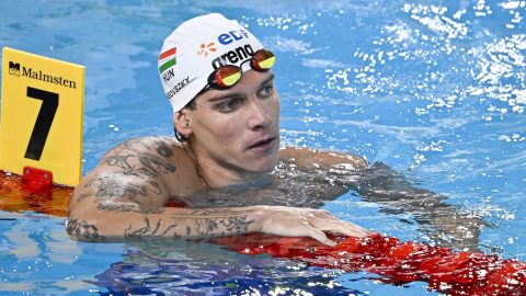 Rasovszky Kristóf a férfi 800 méteres gyorsúszás előfutama után a párizsi vizes Európa-bajnokságon az olimpiai vizesközpontban 2026. augusztus 11-én.