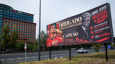 A billboard in support of Portugal’s forward Cristiano Ronaldo reading “Thank you Cristiano Ronaldo for all that you did for Portugal. You will be always our captain” mixed with an adjacent message critical against Portugal’s coach Jorge Jesus reading “Jorge Jesus was not up to the job" and “lack of sensitivity in managing the CR7 asset”, the fact that he “mishandled a captain” is pictured near Luz stadium in Lisbon on October 2, 2026.