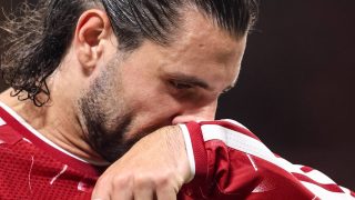 Dominik Szoboszlai of Liverpool wipes his face during the UEFA Champions League Matchday 1 of 8 match between Liverpool and Atletico Madrid at Anfield in Liverpool, United Kingdom, on September 9, 2026. (Photo by Alfie Cosgrove/News Images/NurPhoto)