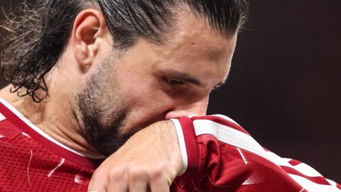 Dominik Szoboszlai of Liverpool wipes his face during the UEFA Champions League Matchday 1 of 8 match between Liverpool and Atletico Madrid at Anfield in Liverpool, United Kingdom, on September 9, 2026. (Photo by Alfie Cosgrove/News Images/NurPhoto)