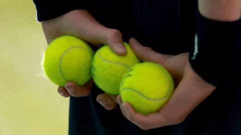 A photo shows a ball boy with tennis balls. Grigor Dimitrov of Bulgaria plays against Matteo Berrettini of Italy during the men's singles third round match on day six of the 2026 Wimbledon Championships at All England Lawn Tennis and Croquet Club in London, on July 4, 2026. ( The Yomiuri Shimbun )