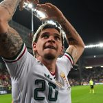 A gólszerző Tóth Milán a labdarúgó Nemzetek Ligája B divíziójának negyedik fordulójában játszott Ukrajna - Magyarország mérkőzésén a nagyszombati Anton Malatinsky Stadionban 2026. október 5-én.