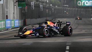 Red Bull Racing's Dutch driver Max Verstappen steers his car during the sprint qualifying session ahead of the Formula One Singapore Grand Prix at the Marina Bay Street Circuit in Singapore on October 9, 2026.
