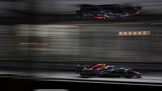 Red Bull Racing's Dutch driver Max Verstappen steers his car during the sprint qualifying session ahead of the Formula One Singapore Grand Prix at the Marina Bay Street Circuit in Singapore on October 9, 2026.