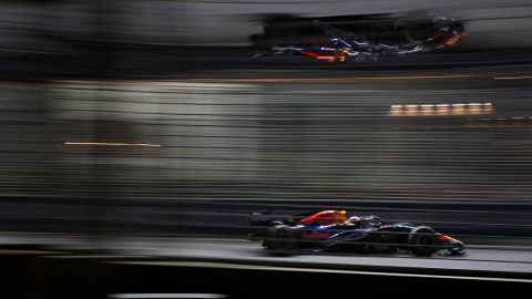 Red Bull Racing's Dutch driver Max Verstappen steers his car during the sprint qualifying session ahead of the Formula One Singapore Grand Prix at the Marina Bay Street Circuit in Singapore on October 9, 2026.
