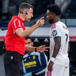 Referee Isidro Diaz de Mera Escuderos talks with Vinicius Junior of Real Madrid CF during the LaLiga EA Sports football match between Real Madrid CF and Villarreal CF at Estadio Bernabeu in Madrid, Spain, on October 10, 2026. (Photo by Alberto Gardin/NurPhoto)