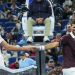 (261004) -- BEIJING, Oct. 4, 2026 (Xinhua) -- Alexander Zverev (L) greets with Novak Djokovic after the men's singles quarterfinal match between Alexander Zverev of Germany and Novak Djokovic of Serbia at 2026 China Open tennis tournament in Beijing, China, Oct. 4, 2026. (Xinhua/Ju Huanzong)