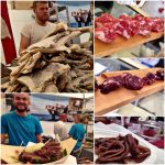 Halak és húsok: norvég sózott-szárított tőkehal, alatta szintén norvég vadjuh-szeletek, jobbra olasz borjúszalámik, illetve fűszeres albán halfalatok.