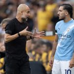 Pep Guardiola, a Manchester City vezetőedzője és a csapat játékosa, Rayan Cherki.