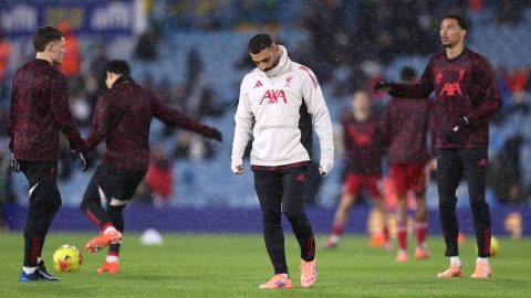Mohamed Szalah, a Liverpool játékosa a Leeds United és a Liverpool közötti Premier League-mérkőzés előtti bemelegítésen az Elland Road stadionban, 2025. december 6-án, Leedsben, Angliában.