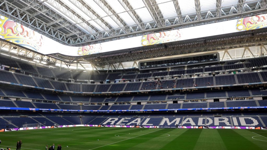 A picture taken on October 21, 2024 shows a general view of the Santiago Bernabeu stadium in Madrid on the eve of the UEFA Champions League, league phase day 3 football match between Real Madrid CF and Borussia Dortmund.
