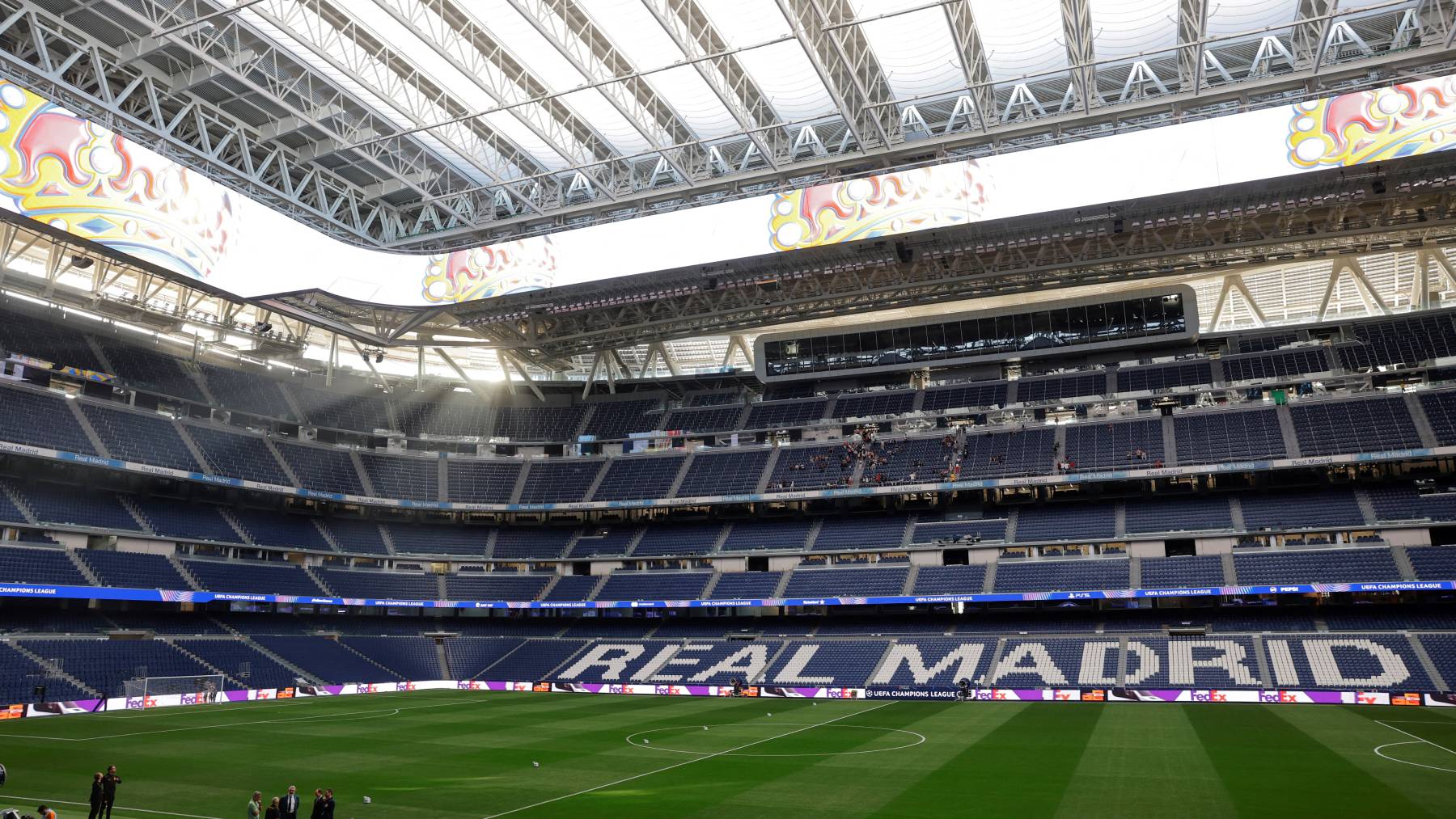 A picture taken on October 21, 2024 shows a general view of the Santiago Bernabeu stadium in Madrid on the eve of the UEFA Champions League, league phase day 3 football match between Real Madrid CF and Borussia Dortmund.