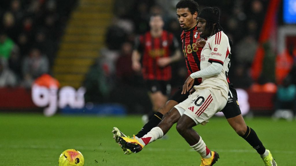 Liverpool's Dutch defender #30 Jeremie Frimpong vies with Bournemouth's Morrocan midfielder #21 Amine Adli during the English Premier League football match between Bournemouth and Liverpool at the Vitality Stadium in Bournemouth, southern England on January 24, 2026.