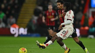 Liverpool's Dutch defender #30 Jeremie Frimpong vies with Bournemouth's Morrocan midfielder #21 Amine Adli during the English Premier League football match between Bournemouth and Liverpool at the Vitality Stadium in Bournemouth, southern England on January 24, 2026.