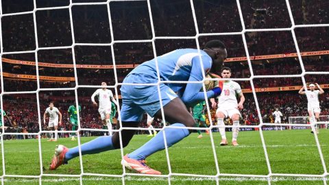 Morocco's forward #10 Brahim Diaz misses a penalty in front of Senegal's goalkeeper #16 Edouard Mendy during the Africa Cup of Nations (CAN) final football match between Senegal and Morocco at the Prince Moulay Abdellah Stadium in Rabat on January 18, 2026.