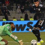 Qarabag's forward Camilo Duran scores past Frankfurt's Brazilian goalkeeper #40 Kaua Santos during the UEFA Champions League league phase football match between Qarabag and Frankfurt at the Tofiq Bahramov Republican Stadium in Baku on January 21, 2026.