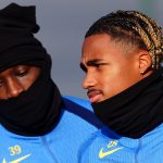 Randal Kolo Muani (balra) és Wilson Odobert a Tottenham edzésén.