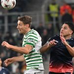 Budapest, 2025. november 6. Kristoffer Zachariassen, a Ferencváros (b) és Caio Vidal, a Ludogorec játékosa a labdarúgó Európa-liga alapszakaszának 4. fordulójában játszott Ferencvárosi TC - Ludogorec mérkőzésen a Groupama Arénában 2025. november 6-án. MTI/Illyés Tibor