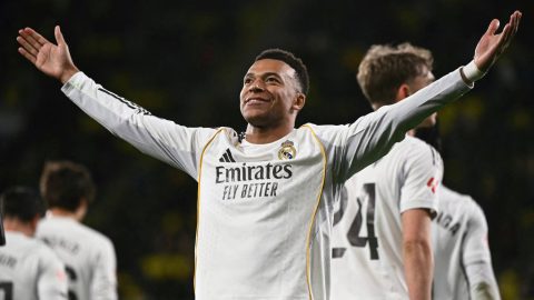Real Madrid's French forward #10 Kylian Mbappe after scoring his team's second goal from the penalty spot during the Spanish league football match between Villarreal CF and Real Madrid CF at La Ceramica Stadium in Vila-Real on January 24, 2026.